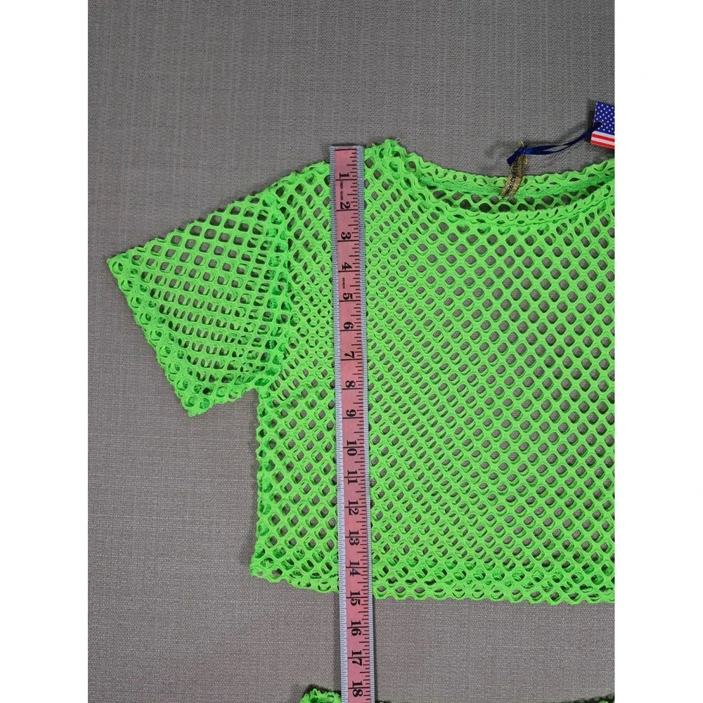 American Leisure Womens Neon Green Mesh Two Piece Set Crop Top Shorts Small NWT